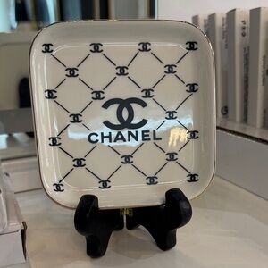 CHANEL Cream and Black Logo Porcelain Accent Tray